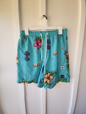 Neff Turquoise Floral Drawstring Swim Shorts Creative Palm Teal Size Large